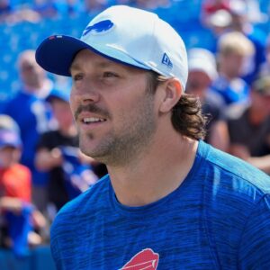 Buffalo Bills quarterback Josh Allen (17) walks out onto the field prior to the game against the New York Giants at Highmark Stadium.