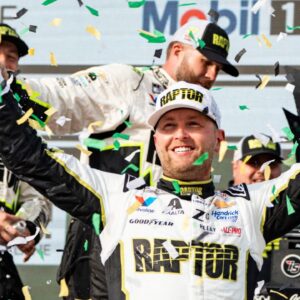 William Byron (24) celebrates after the NASCAR Cup Series Iowa Corn 350 on Aug. 3, 2025, at Iowa Speedway in Newton, Iowa. Byron (24) finished the race first.