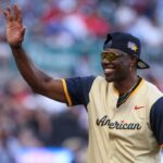 NFL Hall of Fame wide receiver Terrell Owens of the American League shows emotion during the 2025 All Star Celebrity Softball Game at Truist Park.
