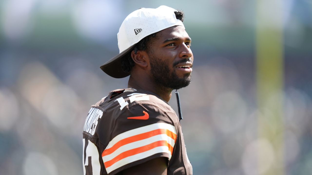 Cleveland Browns quarterback Shedeur Sanders (12) looks on against the Philadelphia Eagles during the game at Lincoln Financial Field.