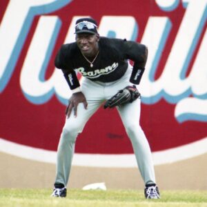 Birmingham Barons right fielder Michael Jordan waits for the pitch against a Nashville Xpress batter in front of the Purity Milk sign during Double A action at Greer Stadium in Nashville on April 24, 1994.