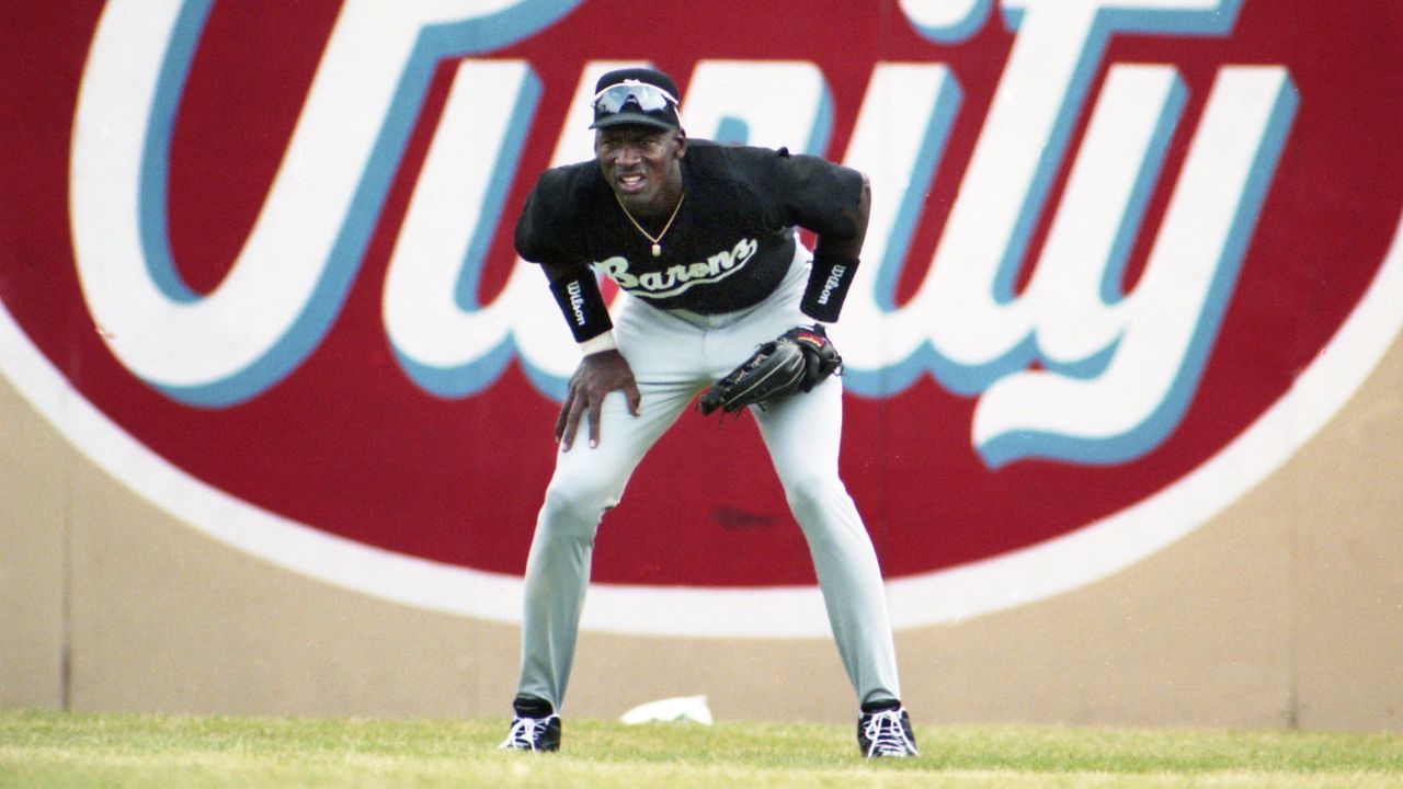 Birmingham Barons right fielder Michael Jordan waits for the pitch against a Nashville Xpress batter in front of the Purity Milk sign during Double A action at Greer Stadium in Nashville on April 24, 1994.