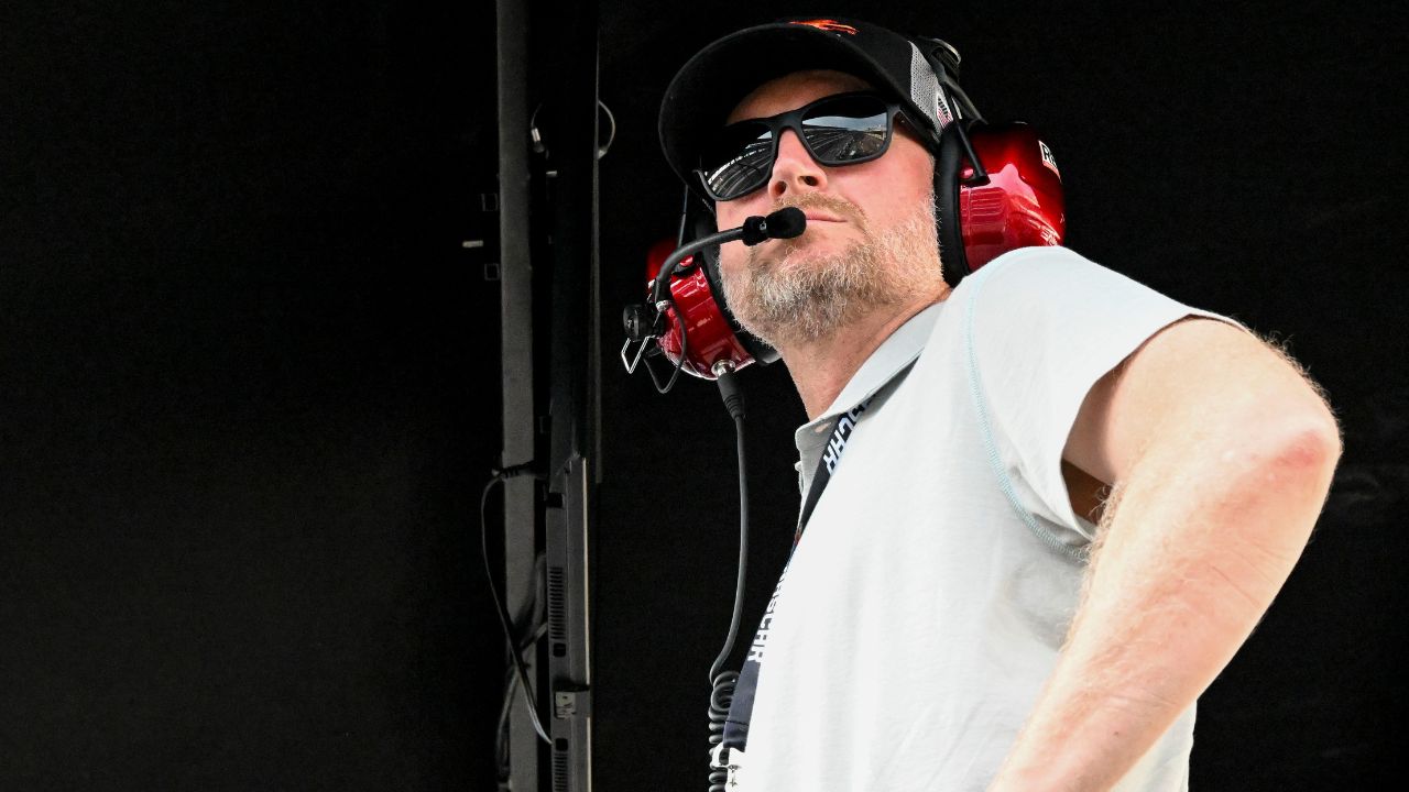 Dale Earnhardt Jr. looks out from his pit box Saturday, July 26, 2025, during the Pennzoil 250 at Indianapolis Motor Speedway.