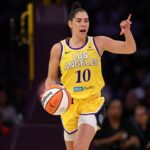 Los Angeles Sparks guard Kelsey Plum (10) dribbles the ball during the first quarter against the New York Liberty at Crypto.com Arena.