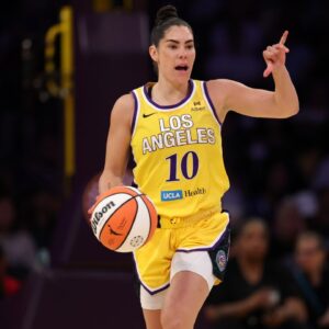 Los Angeles Sparks guard Kelsey Plum (10) dribbles the ball during the first quarter against the New York Liberty at Crypto.com Arena.
