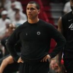 Apr 27, 2024; Miami, Florida, USA; Boston Celtics head coach Joe Mazulla directs his team in the first half during game three of the first round for the 2024 NBA playoffs against the Miami Heat at Kaseya Center