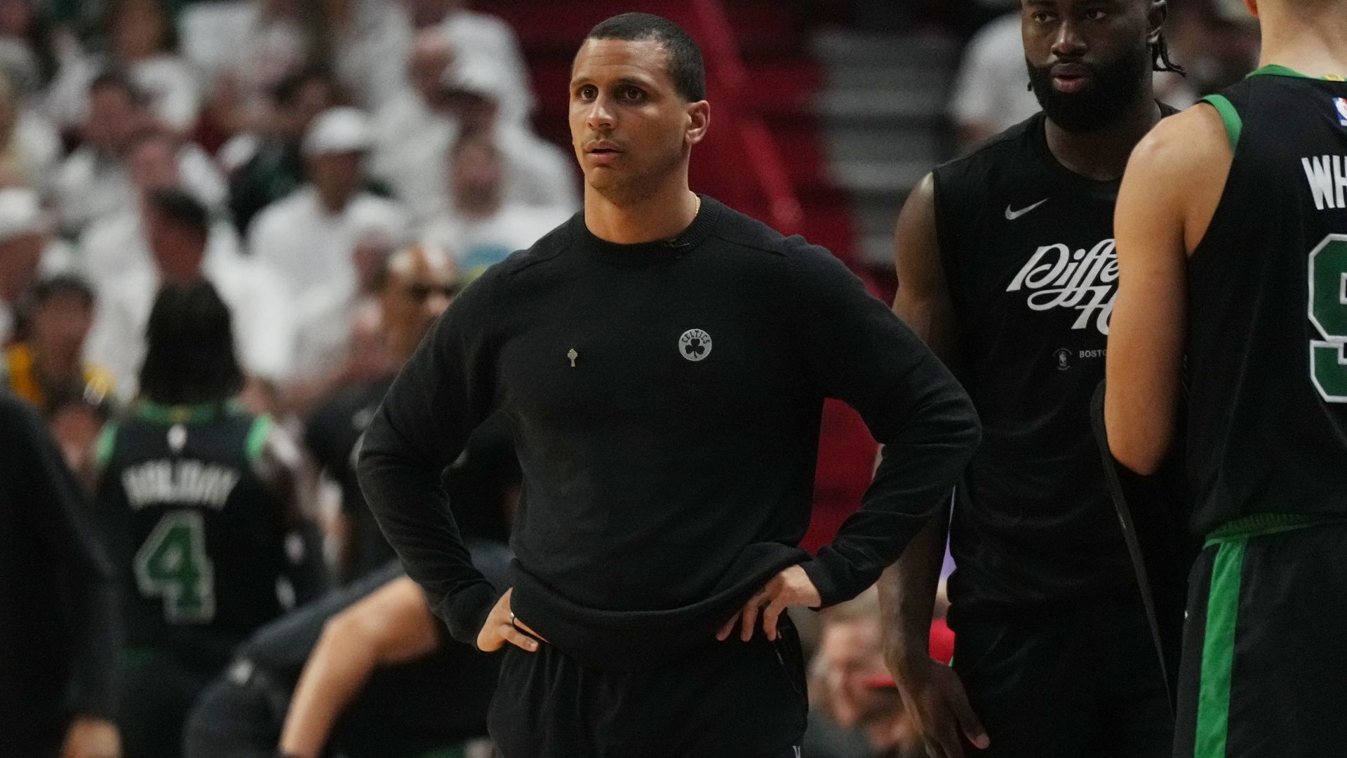 Apr 27, 2024; Miami, Florida, USA; Boston Celtics head coach Joe Mazulla directs his team in the first half during game three of the first round for the 2024 NBA playoffs against the Miami Heat at Kaseya Center