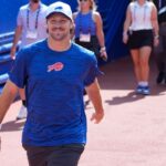 Buffalo Bills quarterback Josh Allen (17) walks out onto the field prior to the game against the New York Giants at Highmark Stadium.