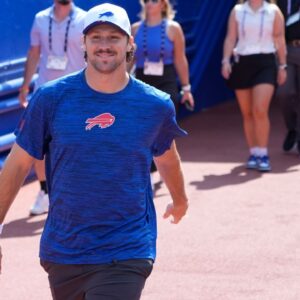 Buffalo Bills quarterback Josh Allen (17) walks out onto the field prior to the game against the New York Giants at Highmark Stadium.