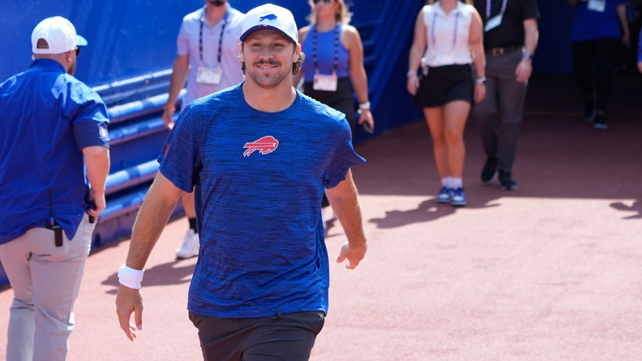 Buffalo Bills quarterback Josh Allen (17) walks out onto the field prior to the game against the New York Giants at Highmark Stadium.