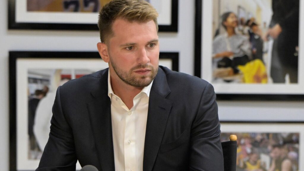 Los Angeles Lakers Luka Doncic (77) is interviewed Spectrum SportsNet following a press conference announcing the signing of his contract extension at UCLA Health Training Center.