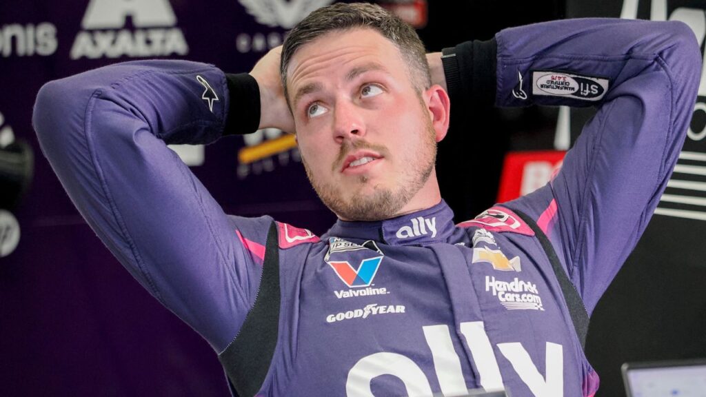 NASCAR Cup Series driver Alex Bowman (48) sits in his garage bay Friday, July 25, 2025, ahead of practice at Indianapolis Motor Speedway in preparation for the Brickyard 400. Cup practice was cancelled due weather in the area.