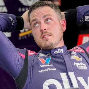 NASCAR Cup Series driver Alex Bowman (48) sits in his garage bay Friday, July 25, 2025, ahead of practice at Indianapolis Motor Speedway in preparation for the Brickyard 400. Cup practice was cancelled due weather in the area.
