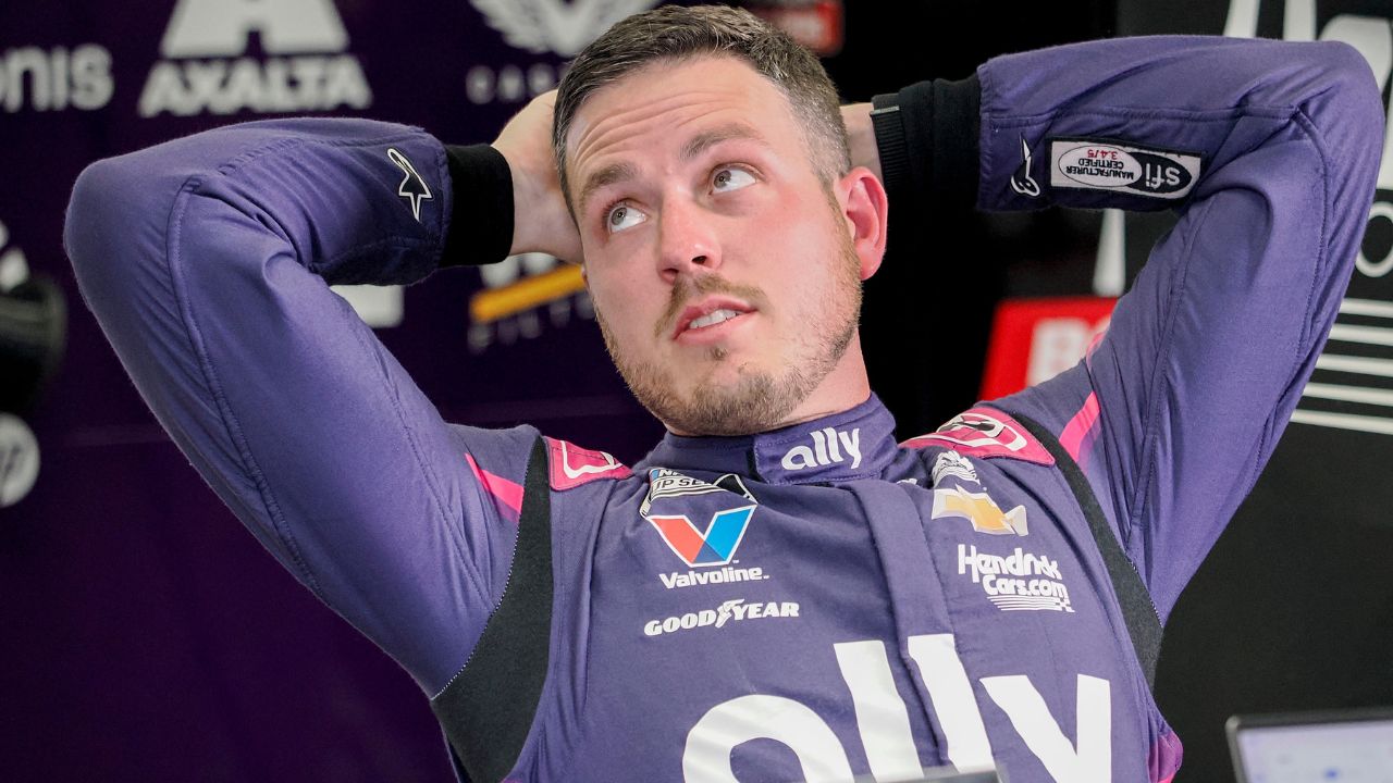 NASCAR Cup Series driver Alex Bowman (48) sits in his garage bay Friday, July 25, 2025, ahead of practice at Indianapolis Motor Speedway in preparation for the Brickyard 400. Cup practice was cancelled due weather in the area.