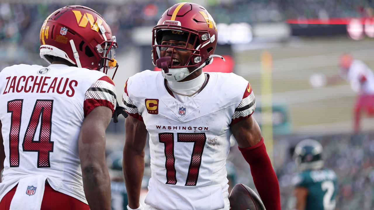 Washington Commanders wide receiver Terry McLaurin (17) reacts after a play with wide receiver Olamide Zaccheaus (14) against the Philadelphia Eagles during the first half in the NFC Championship game at Lincoln Financial Field.