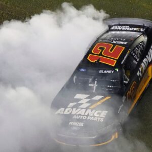 #12: Ryan Blaney, Team Penske, Advance Auto Parts Ford Mustang celebrates after winning the Coke Zero Sugar 400 at Daytona International Speedway, Saturday, Aug. 23, 2025