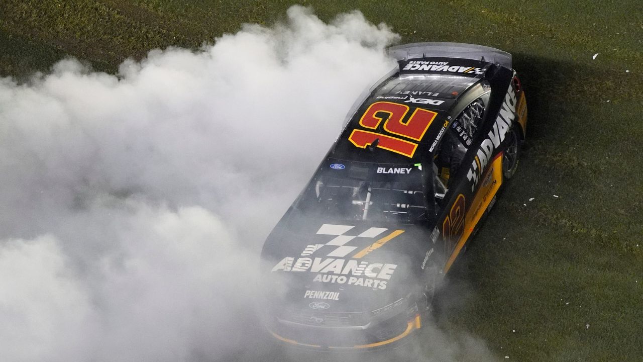 #12: Ryan Blaney, Team Penske, Advance Auto Parts Ford Mustang celebrates after winning the Coke Zero Sugar 400 at Daytona International Speedway, Saturday, Aug. 23, 2025