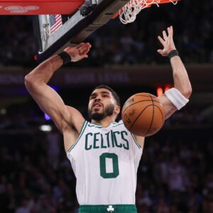 Boston Celtics forward Jayson Tatum (0) dunks the ball in the second half during game four of the second round for the 2025 NBA Playoffs against the New York Knicks at Madison Square Garden