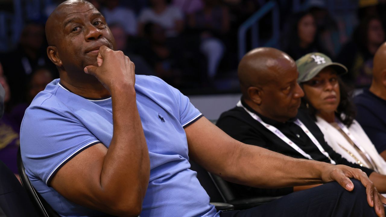 Magic Johnson attends a WNBA game between the Los Angeles Sparks and the Minnesota Lynx at Crypto.com Arena.