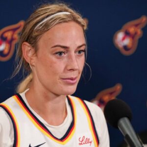 Indiana Fever guard Sophie Cunningham (8) during the postgame press conference