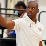 NBA player Chris Paul looks on as Team CP3 plays a game against Nightrydas at Nike EYBL at the Memphis Sports & Events Center on Saturday, May 17, 2025.