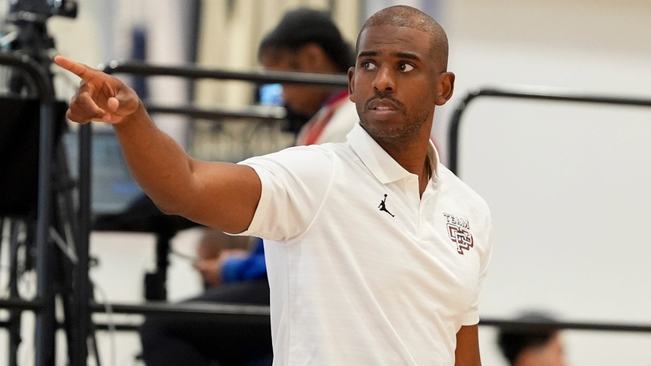 NBA player Chris Paul looks on as Team CP3 plays a game against Nightrydas at Nike EYBL at the Memphis Sports & Events Center on Saturday, May 17, 2025.