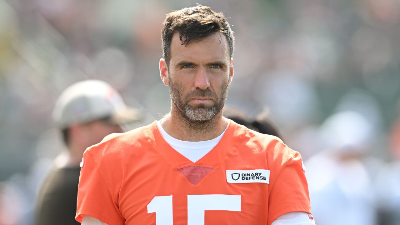 Cleveland Browns quarterback Joe Flacco (15) during training camp at CrossCountry Mortgage Campus.
