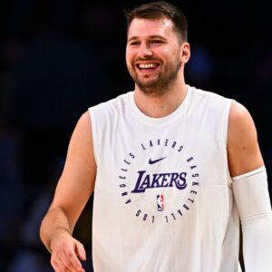 Los Angeles Lakers guard Luka Doncic (77) reacts before the game against the Houston Rockets at Crypto.com Arena.
