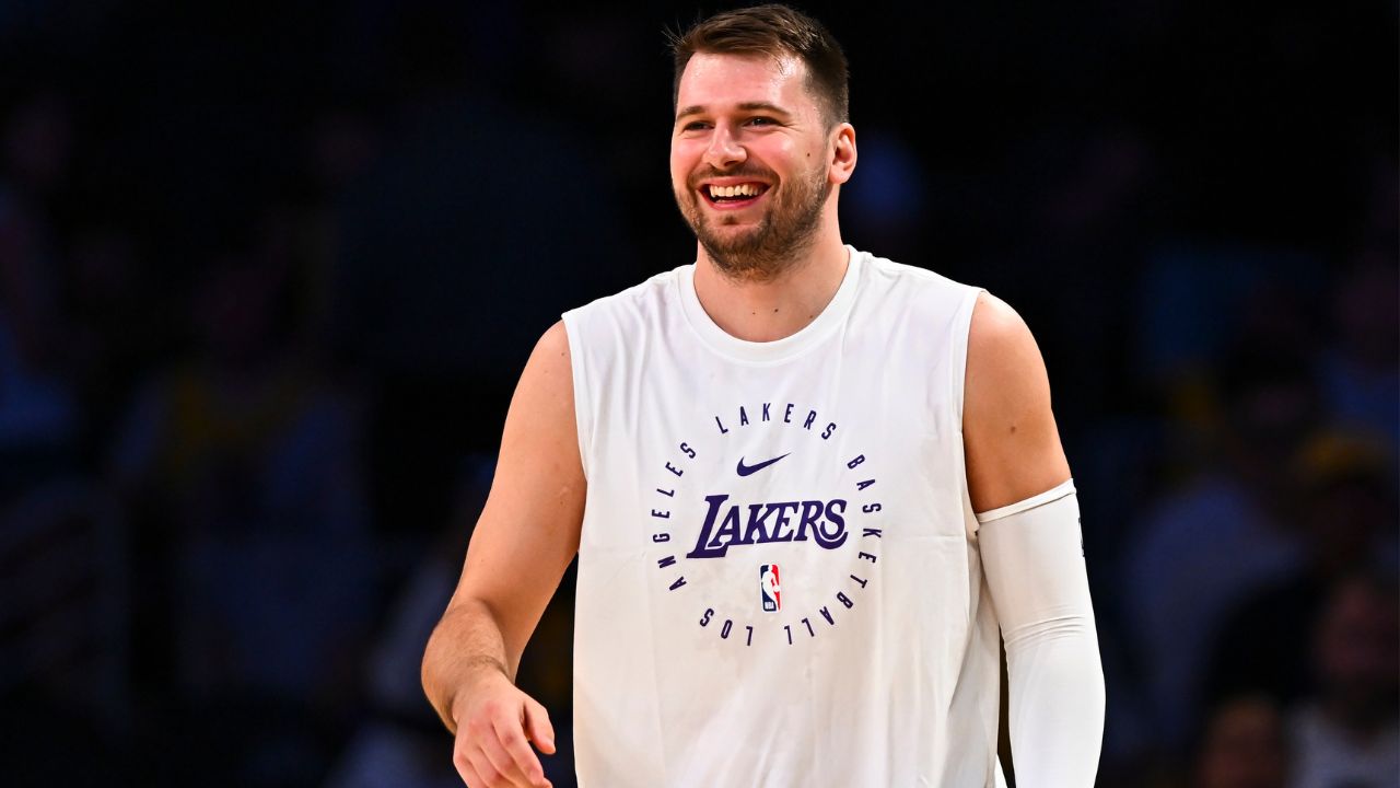 Los Angeles Lakers guard Luka Doncic (77) reacts before the game against the Houston Rockets at Crypto.com Arena.