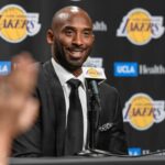 Former Lakers player Kobe Bryant speaks to the media prior to the Lakers' game against the Golden State Warriors at Staples Center. Bryant's numbers 8 and 24 were to be retired during a halftime ceremony.