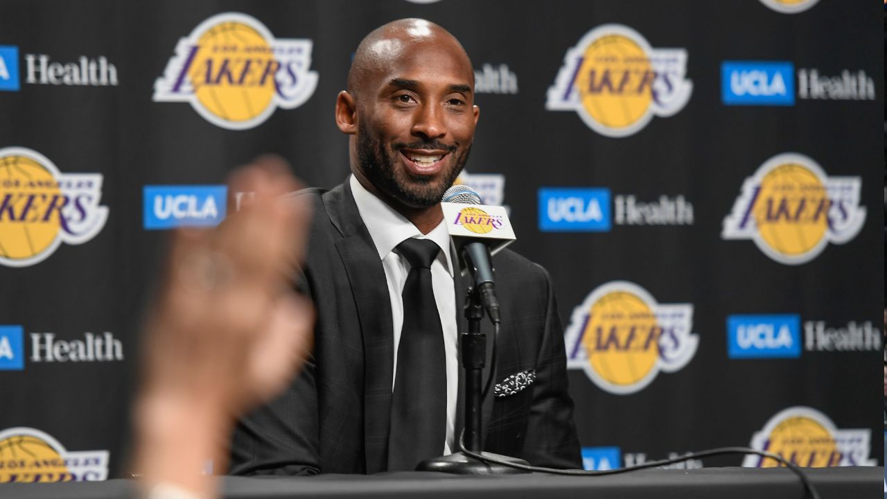 Former Lakers player Kobe Bryant speaks to the media prior to the Lakers' game against the Golden State Warriors at Staples Center. Bryant's numbers 8 and 24 were to be retired during a halftime ceremony.