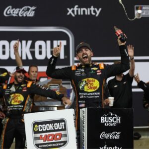 NASCAR Cup Series driver Austin Dillon (3) celebrates in victory lane after winning the Cook Out 400 at Richmond Raceway.