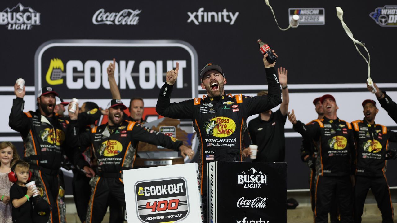 NASCAR Cup Series driver Austin Dillon (3) celebrates in victory lane after winning the Cook Out 400 at Richmond Raceway.