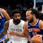 Karl-Anthony Towns, Kyrie Irving, Jalen Brunson, Knicks v Mavs