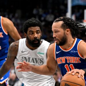 Karl-Anthony Towns, Kyrie Irving, Jalen Brunson, Knicks v Mavs