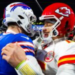 Jan 21, 2024; Orchard Park, New York, USA; Kansas City Chiefs quarterback Patrick Mahomes (15) greets Buffalo Bills quarterback Josh Allen (17) following the 2024 AFC divisional round game at Highmark Stadium.