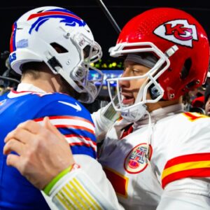Jan 21, 2024; Orchard Park, New York, USA; Kansas City Chiefs quarterback Patrick Mahomes (15) greets Buffalo Bills quarterback Josh Allen (17) following the 2024 AFC divisional round game at Highmark Stadium.