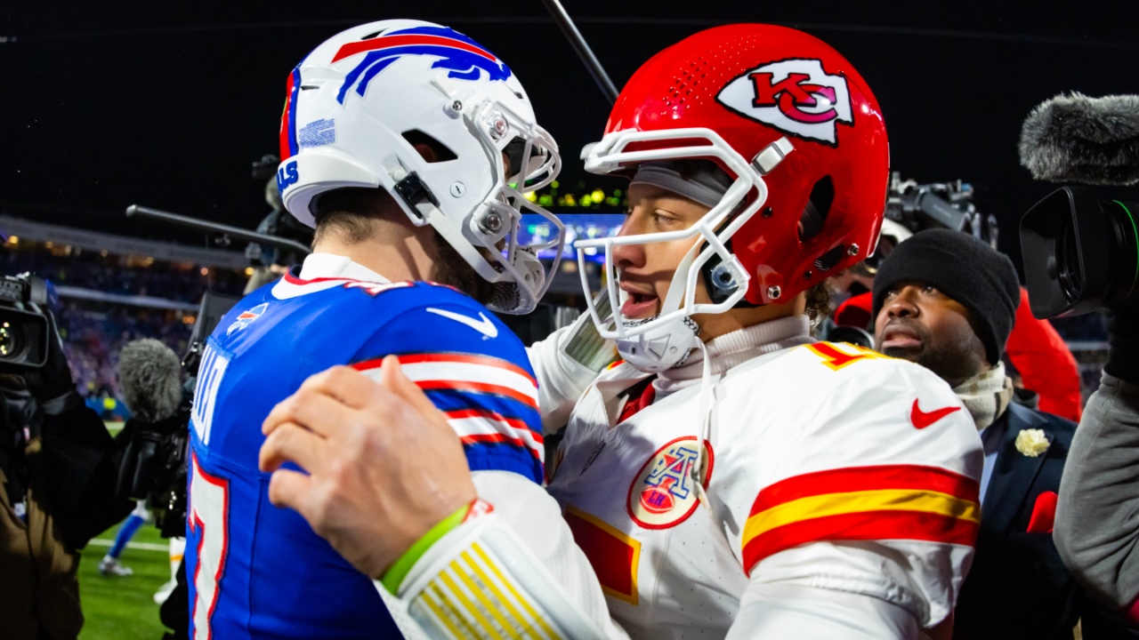 Jan 21, 2024; Orchard Park, New York, USA; Kansas City Chiefs quarterback Patrick Mahomes (15) greets Buffalo Bills quarterback Josh Allen (17) following the 2024 AFC divisional round game at Highmark Stadium.