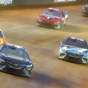 NASCAR Cup Series driver Tyler Reddick (45) leads a pack of cars at the Bristol Motor Speedway Dirt Course.