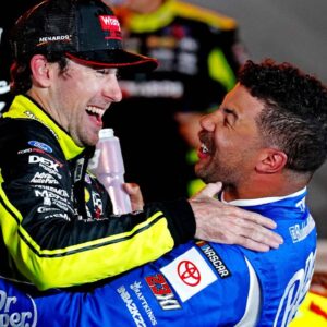 NASCAR Cup Series driver Ryan Blaney (12) celebrates in Victory lane with NASCAR Cup Series driver Bubba Wallace (23) after winning the All-Star Race at Texas Motor Speedway.