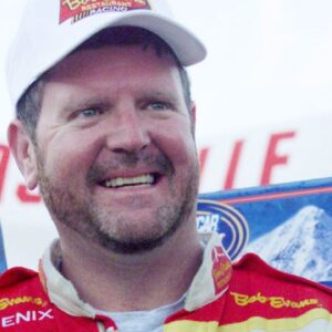 Driver Randy Lajoie celebrates after winning the sixth annual BellSouth Mobility 320 at the Nashville Motor Speedway on April 8, 2000.