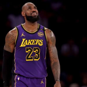 Feb 1, 2025; New York, New York, USA; Los Angeles Lakers forward LeBron James (23) reacts during the second quarter against the New York Knicks at Madison Square Garden.
