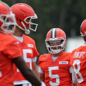 Cleveland Browns quarterback Dillon Gabriel (5) mingles with the other quarterbacks during training camp July 25, 2025, in Berea, Ohio.
