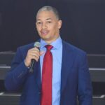 Los Angeles Clippers head coach Tyronn Lue speaks during a groundbreaking ceremony for the new home of the Los Angeles Clippers, Intuit Dome