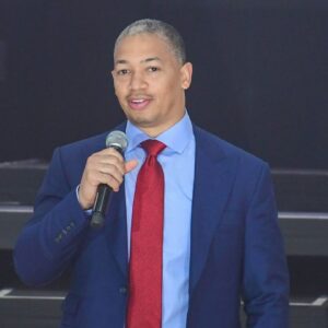Los Angeles Clippers head coach Tyronn Lue speaks during a groundbreaking ceremony for the new home of the Los Angeles Clippers, Intuit Dome