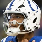 Indianapolis Colts quarterback Anthony Richardson Sr. (5) during warmups prior to the game against the Green Bay Packers at Lucas Oil Stadium.