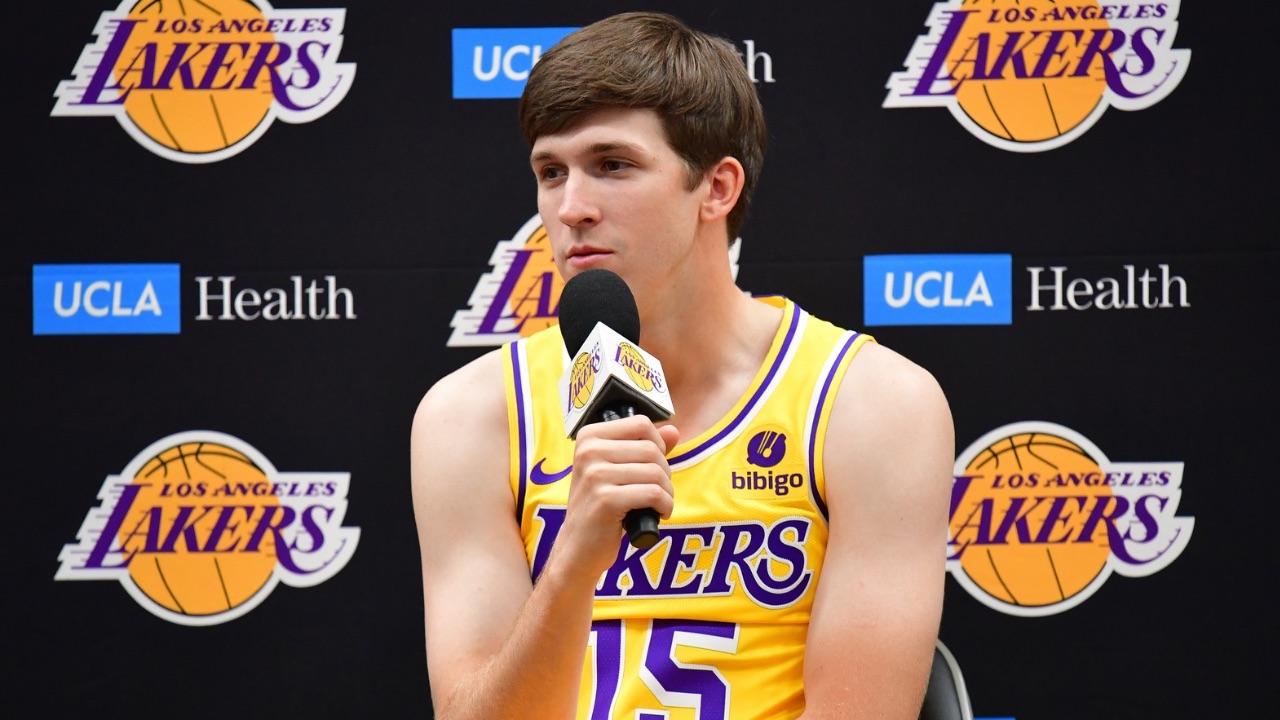 Los Angeles Lakers guard Austin Reeves (15) speaks during media day at UCLA Health Training Center.