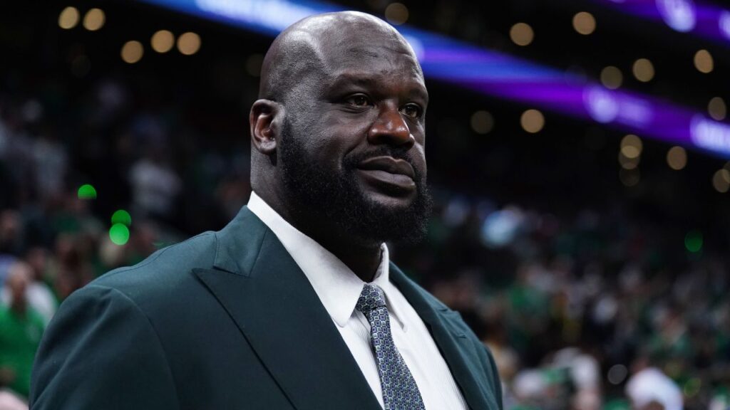 Shaquille O'Neal looks on before the game between the Boston Celtics and the Dallas Mavericks in game one of the 2024 NBA Finals at TD Garden.
