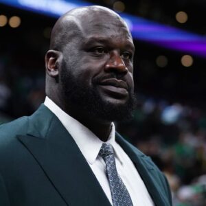 Shaquille O'Neal looks on before the game between the Boston Celtics and the Dallas Mavericks in game one of the 2024 NBA Finals at TD Garden.