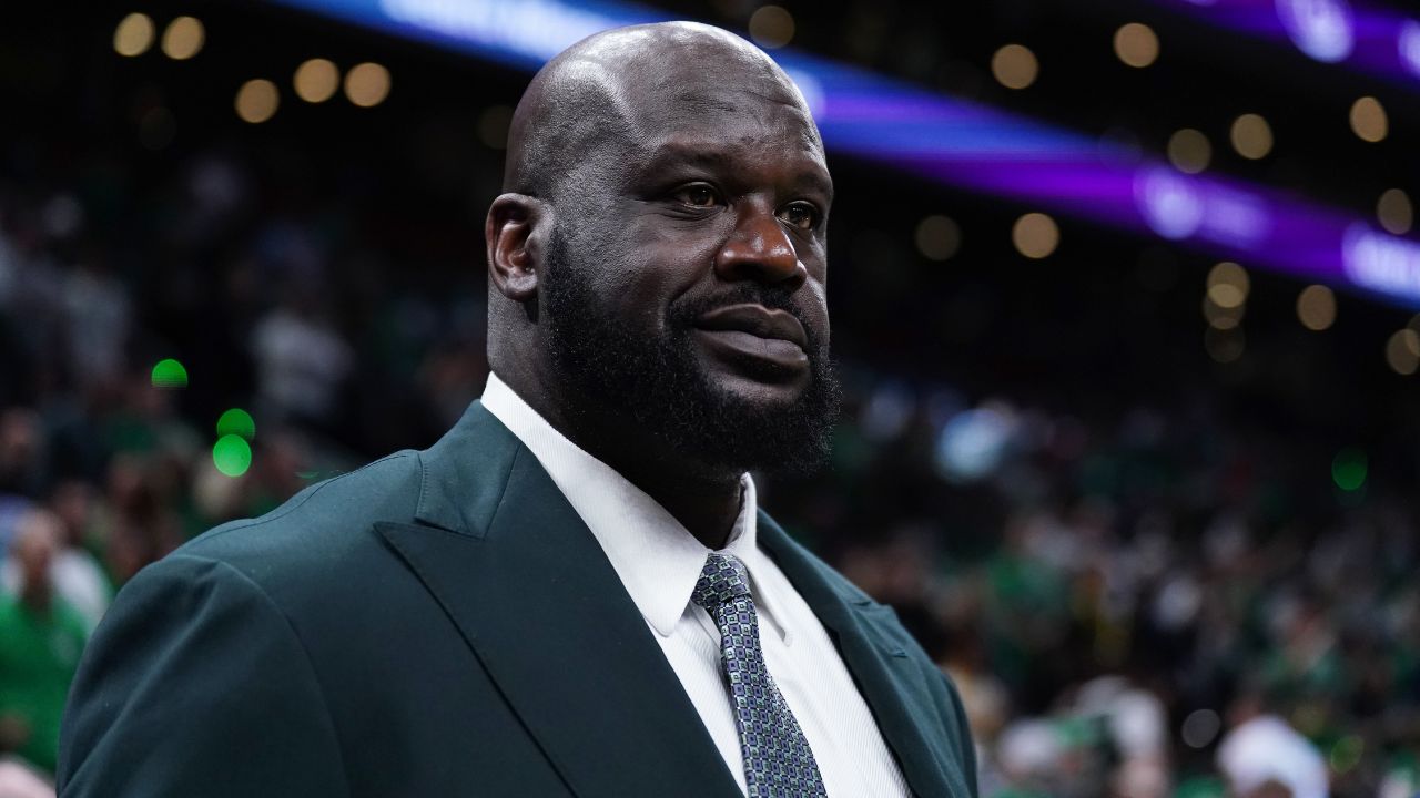 Shaquille O'Neal looks on before the game between the Boston Celtics and the Dallas Mavericks in game one of the 2024 NBA Finals at TD Garden.
